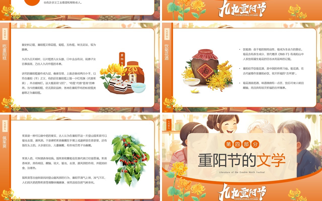 橙色卡通风九九重阳节介绍PPT模板