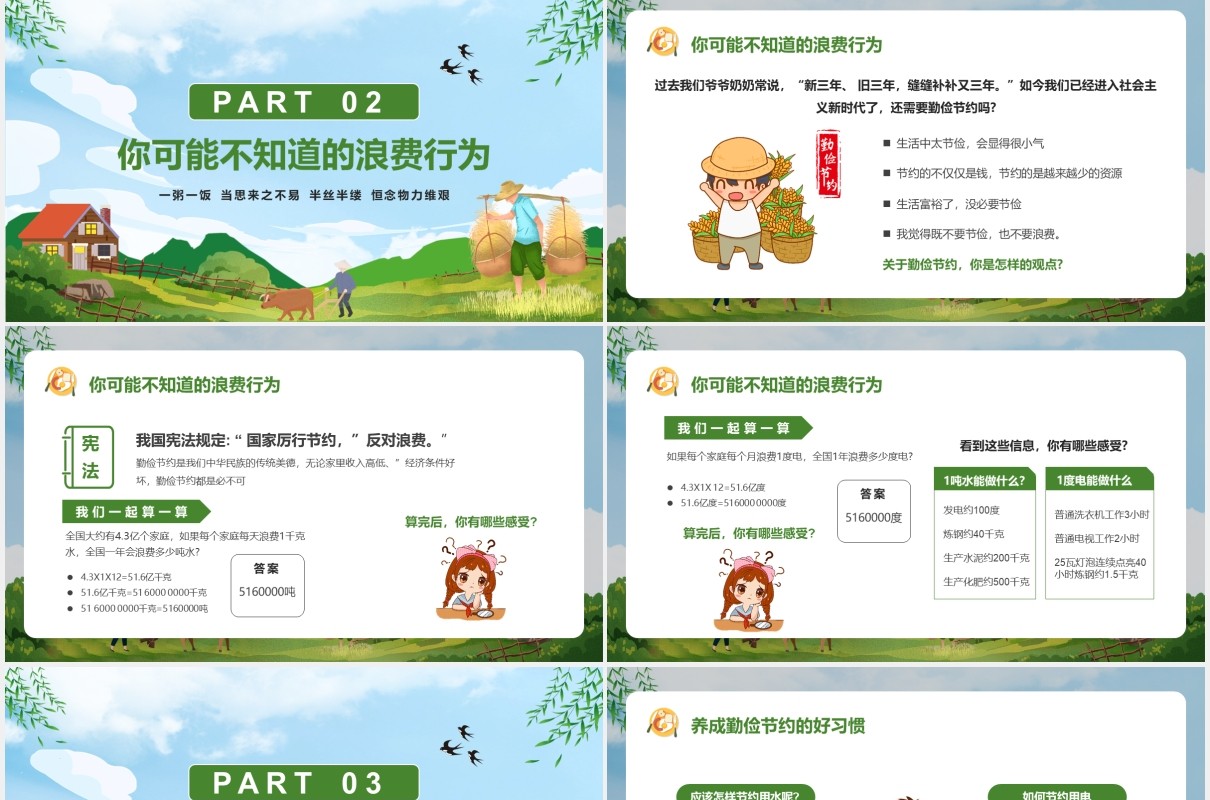 卡通勤俭节约杜绝浪费中小学勤俭节约传承美德PPT模版