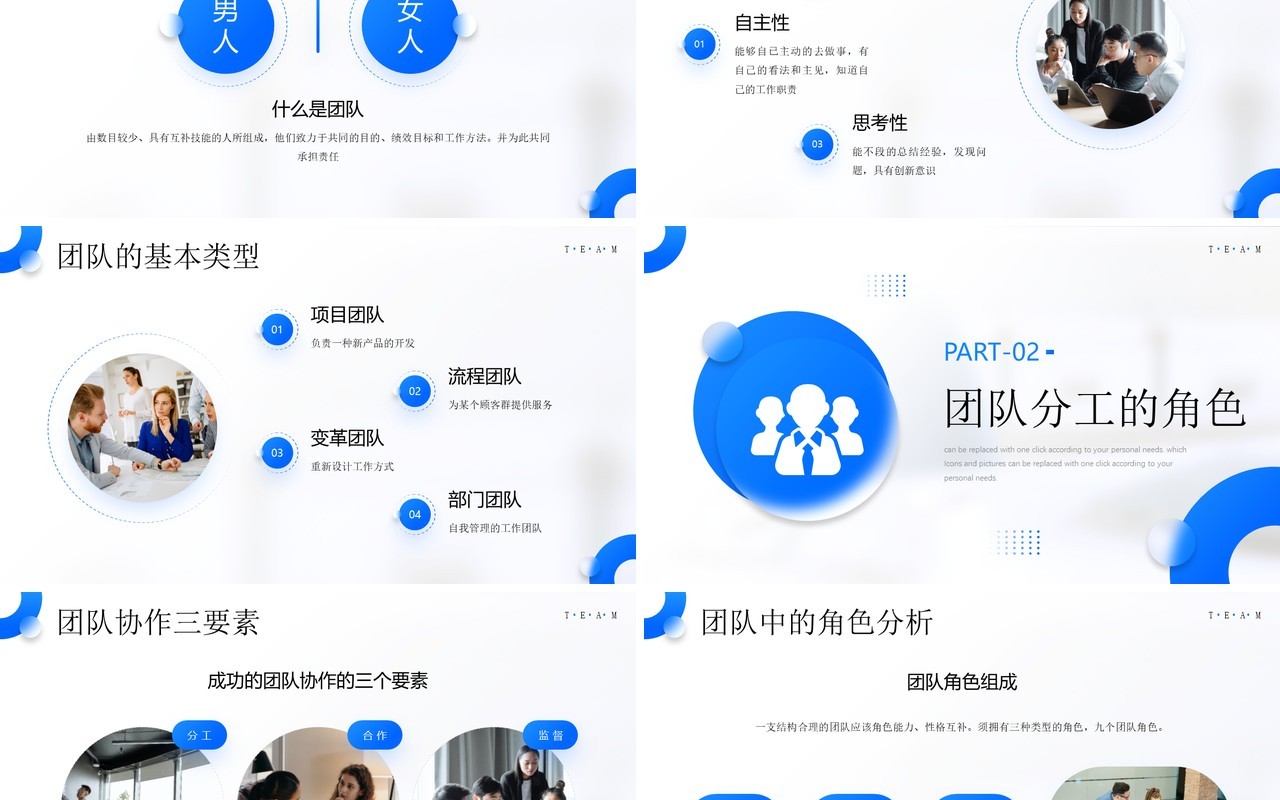 蓝色简约风团队分工与协作团队管理PPT模板