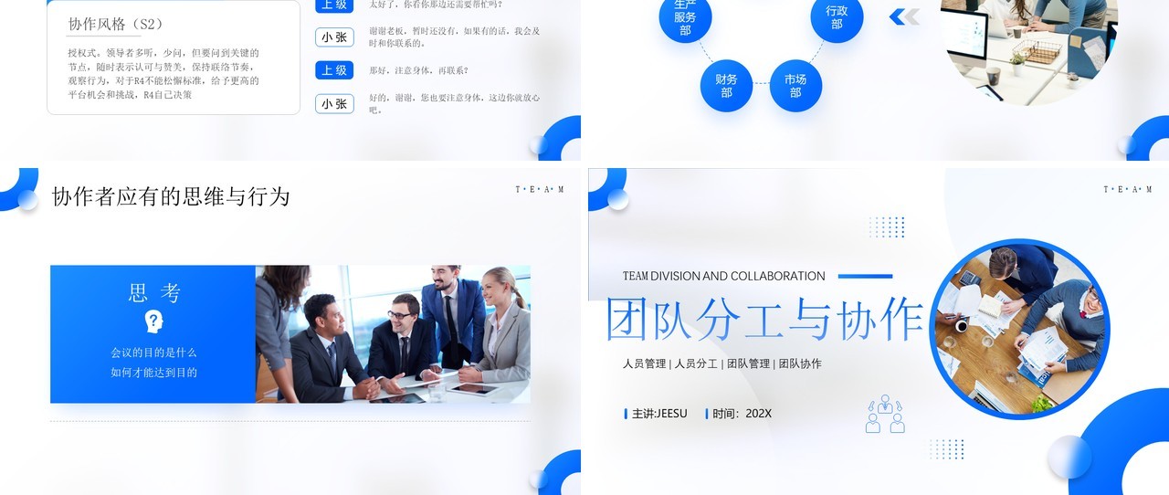 蓝色简约风团队分工与协作团队管理PPT模板