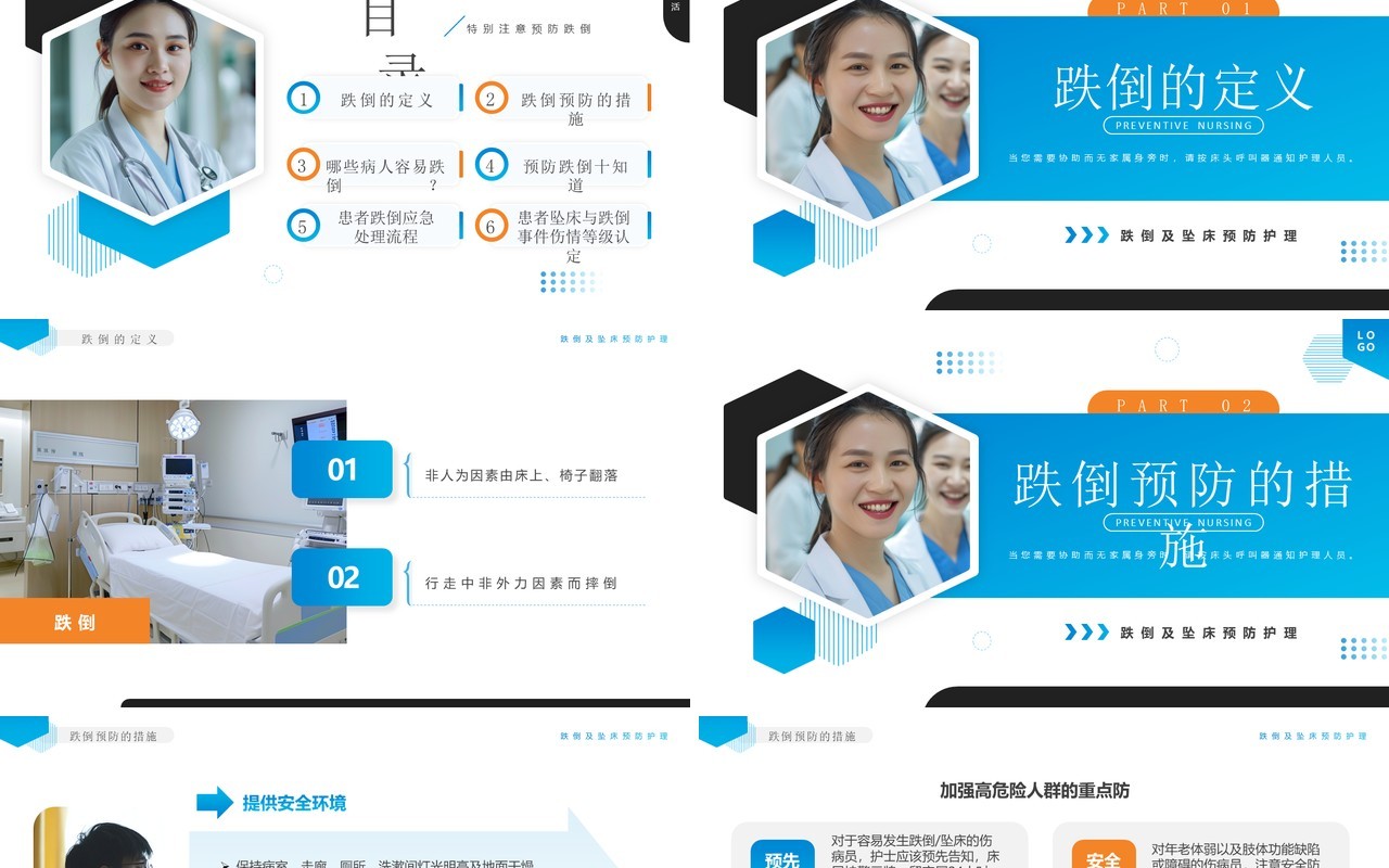蓝色简约风跌倒及坠床的预防护理PPT模板课件