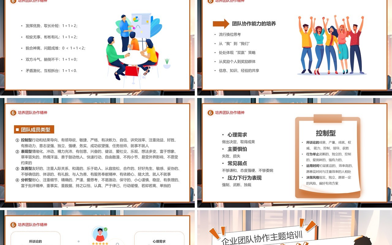 橙色插画风企业团队协作之重PPT模板