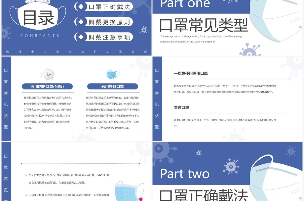 蓝色简约口罩佩戴知识介绍PPT模板