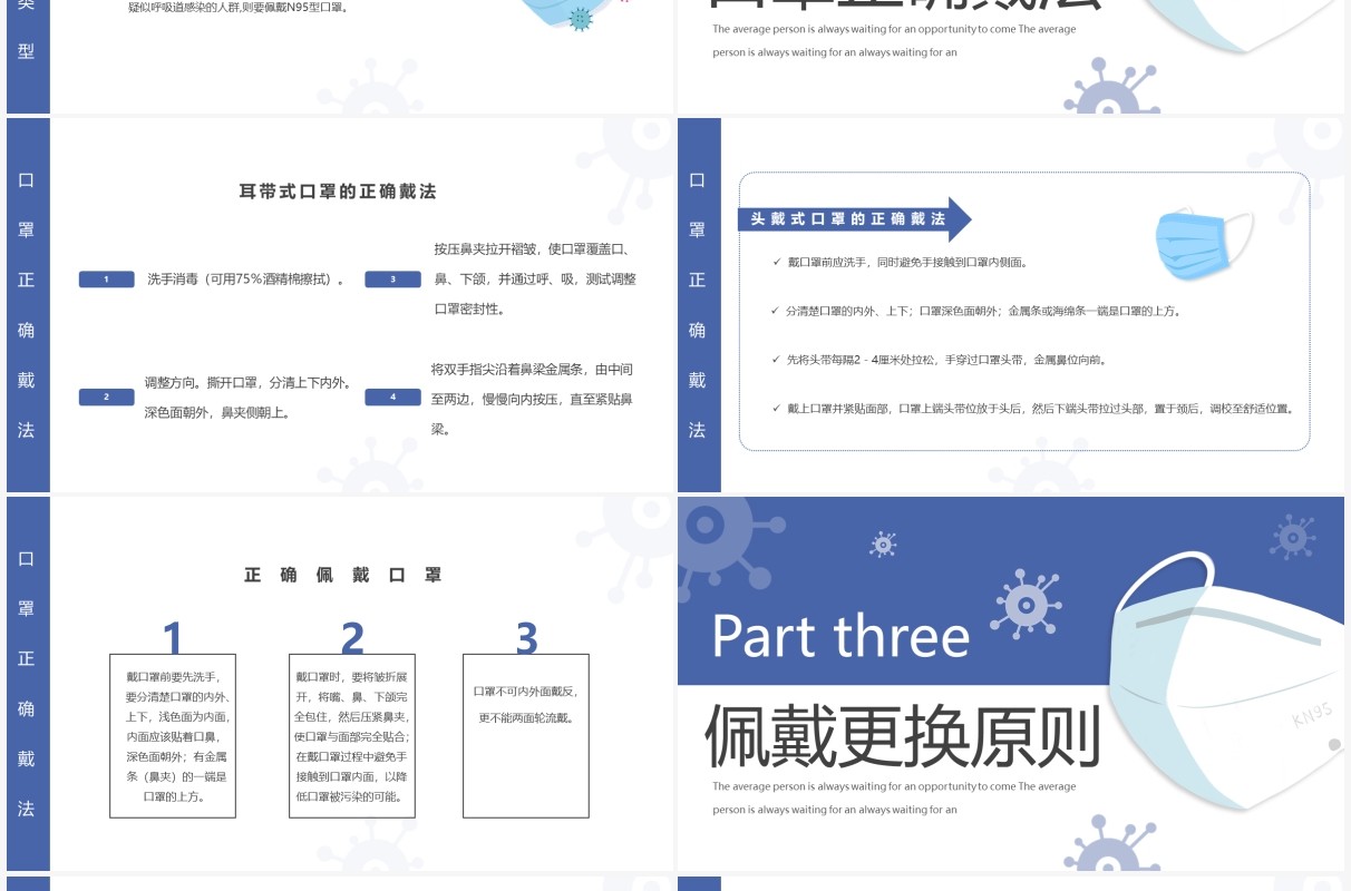 蓝色简约口罩佩戴知识介绍PPT模板
