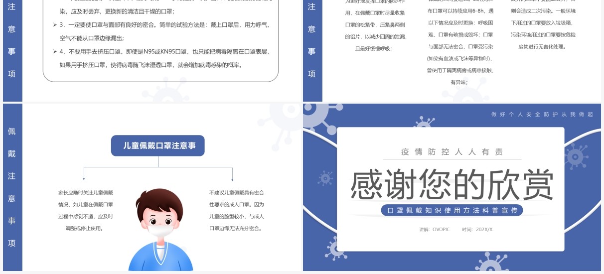 蓝色简约口罩佩戴知识介绍PPT模板