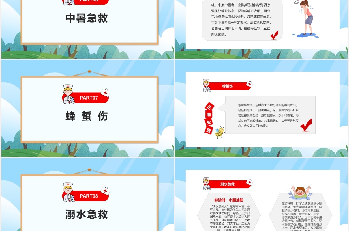 卡通简约十四种急救医疗常识培训PPT模板
