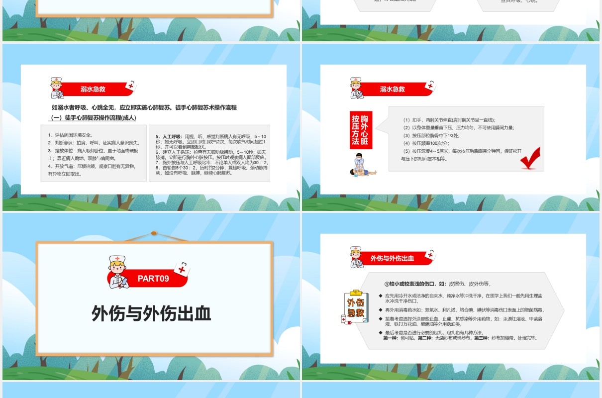 卡通简约十四种急救医疗常识培训PPT模板
