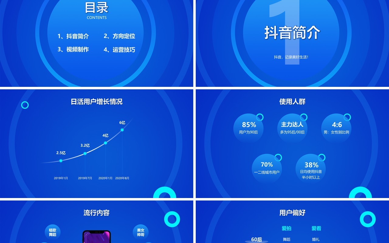 蓝色某音短视频运营技巧电商营销推广培训PPT模板