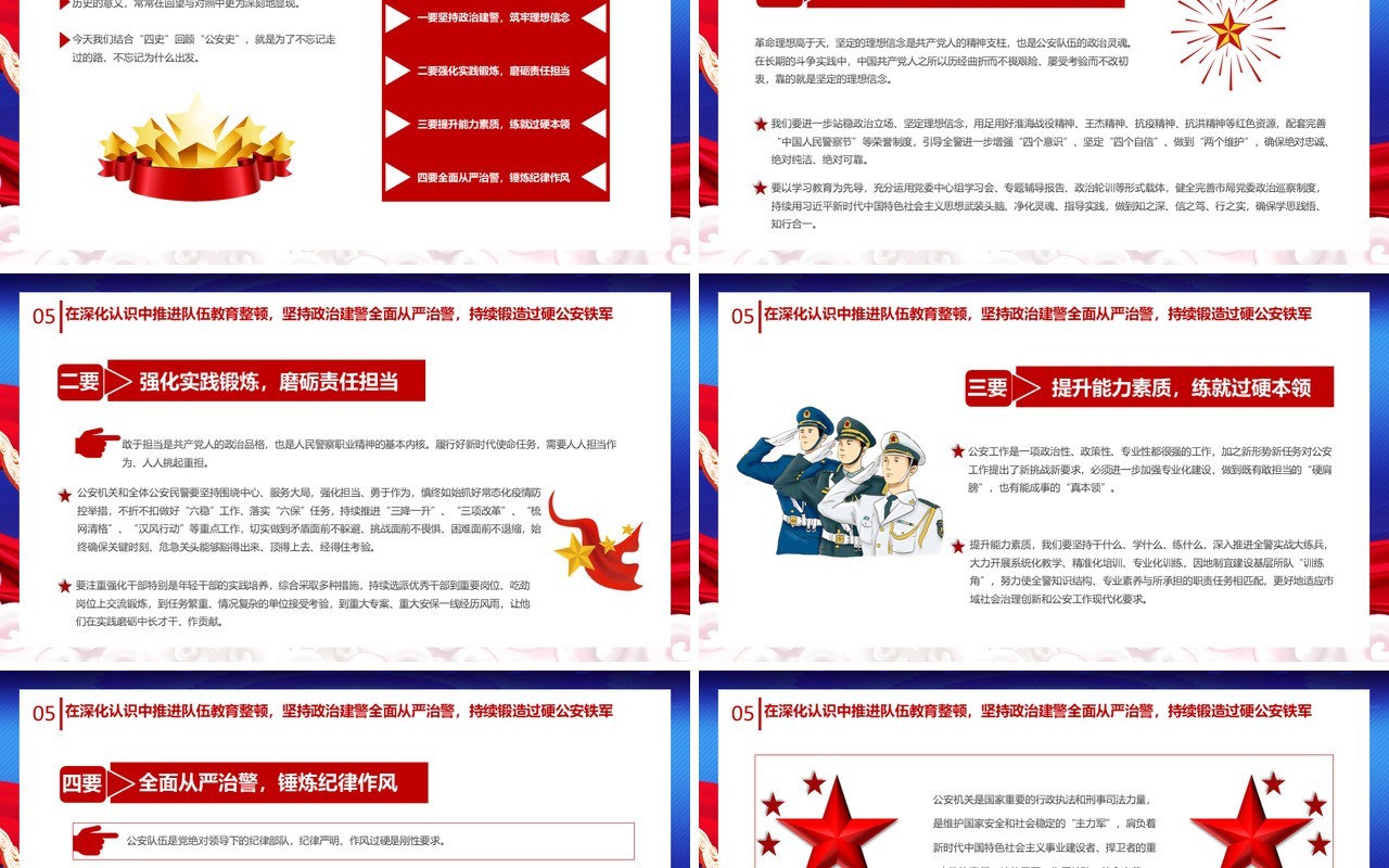 蓝色党政风着力锻造一支高素质过硬公安铁军公安政治轮训专题党课通用PPT模板