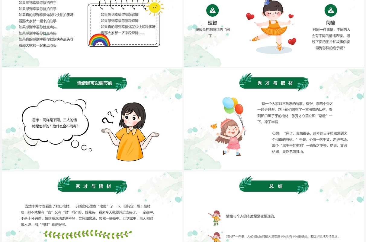 绿色卡通儿童学会调节情绪培训PPT模板