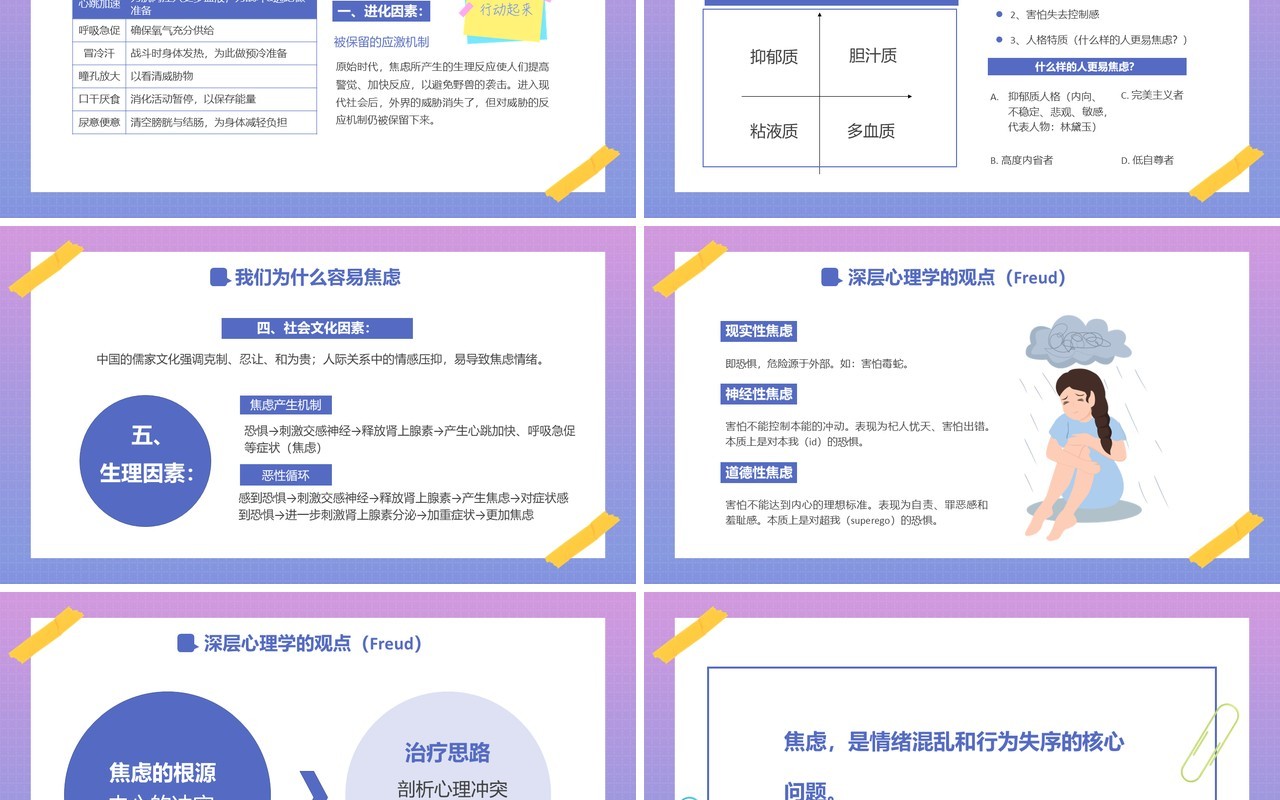 紫色渐变卡通风与焦虑做朋友焦虑主题教育PPT模板