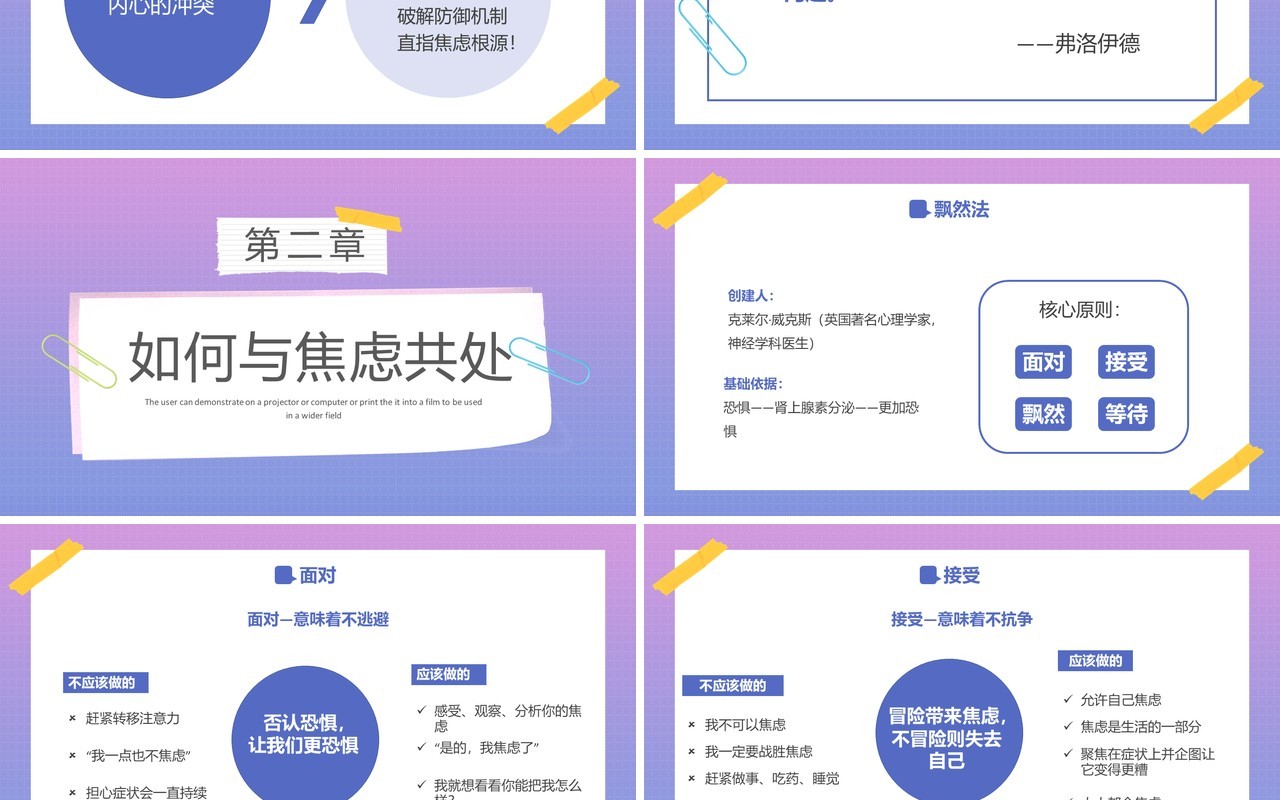 紫色渐变卡通风与焦虑做朋友焦虑主题教育PPT模板