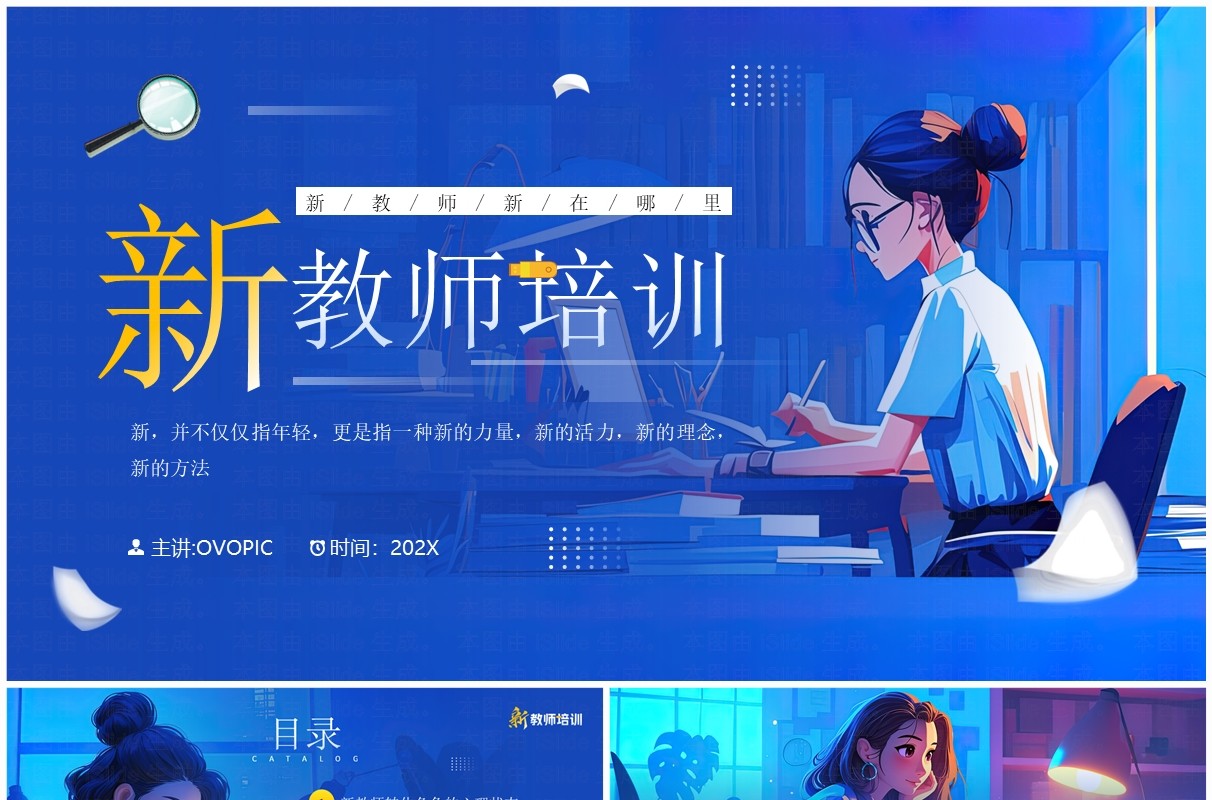 蓝色插画风新教师入职培训PPT模板