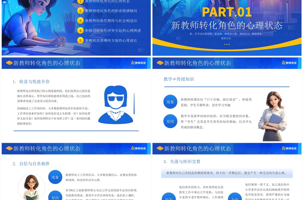 蓝色插画风新教师入职培训PPT模板