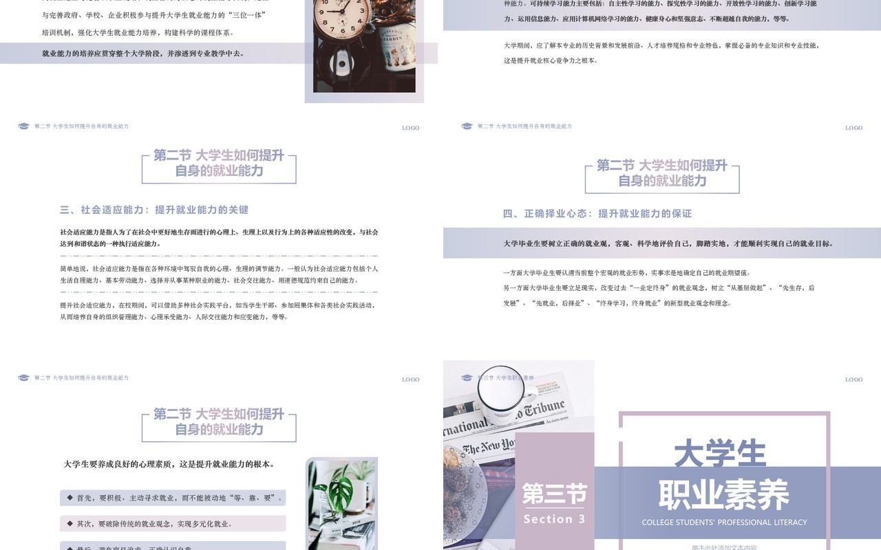 淡紫色莫兰迪大学生就业能力与职业素养PPT模版