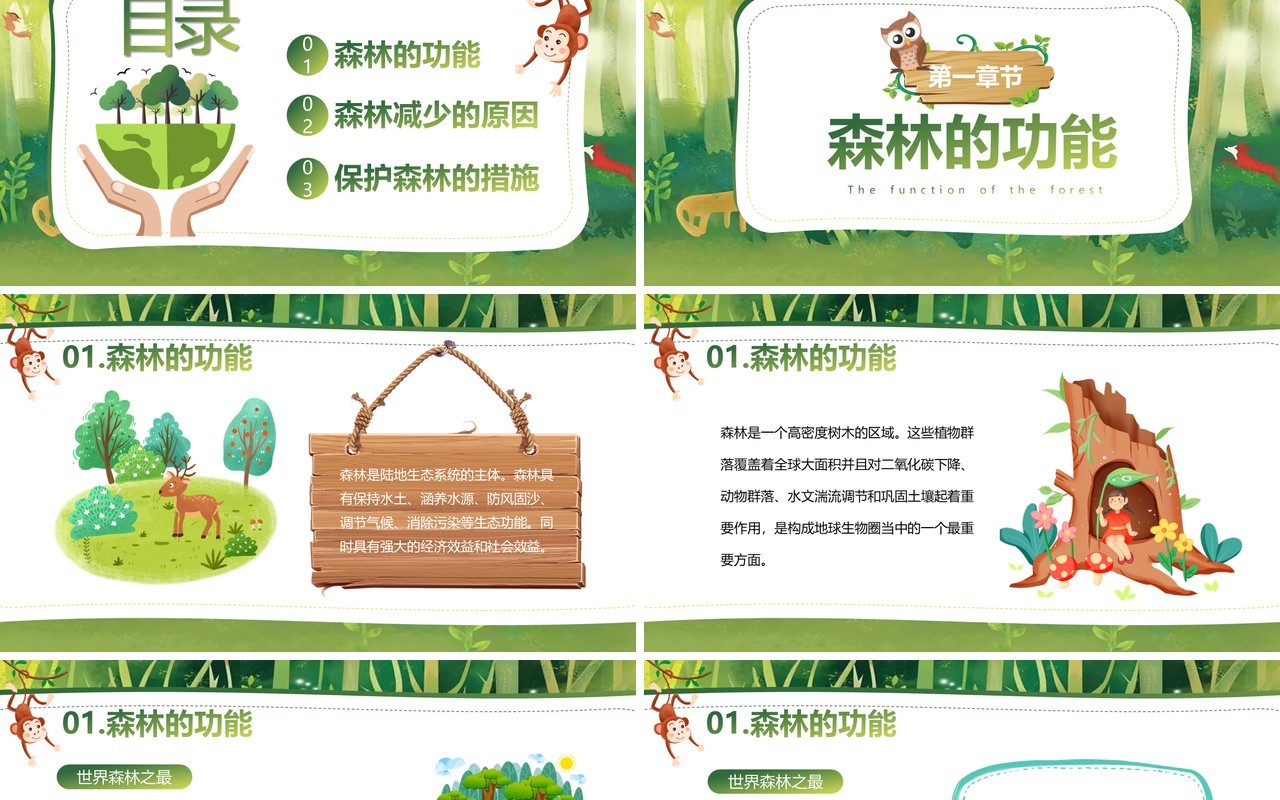 绿色卡通风世界森林日保护森林PPT模板