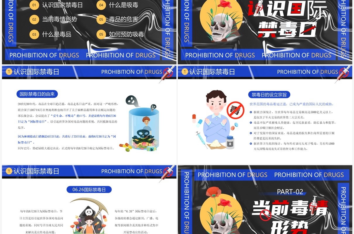 蓝色卡通风国际禁毒日PPT模板