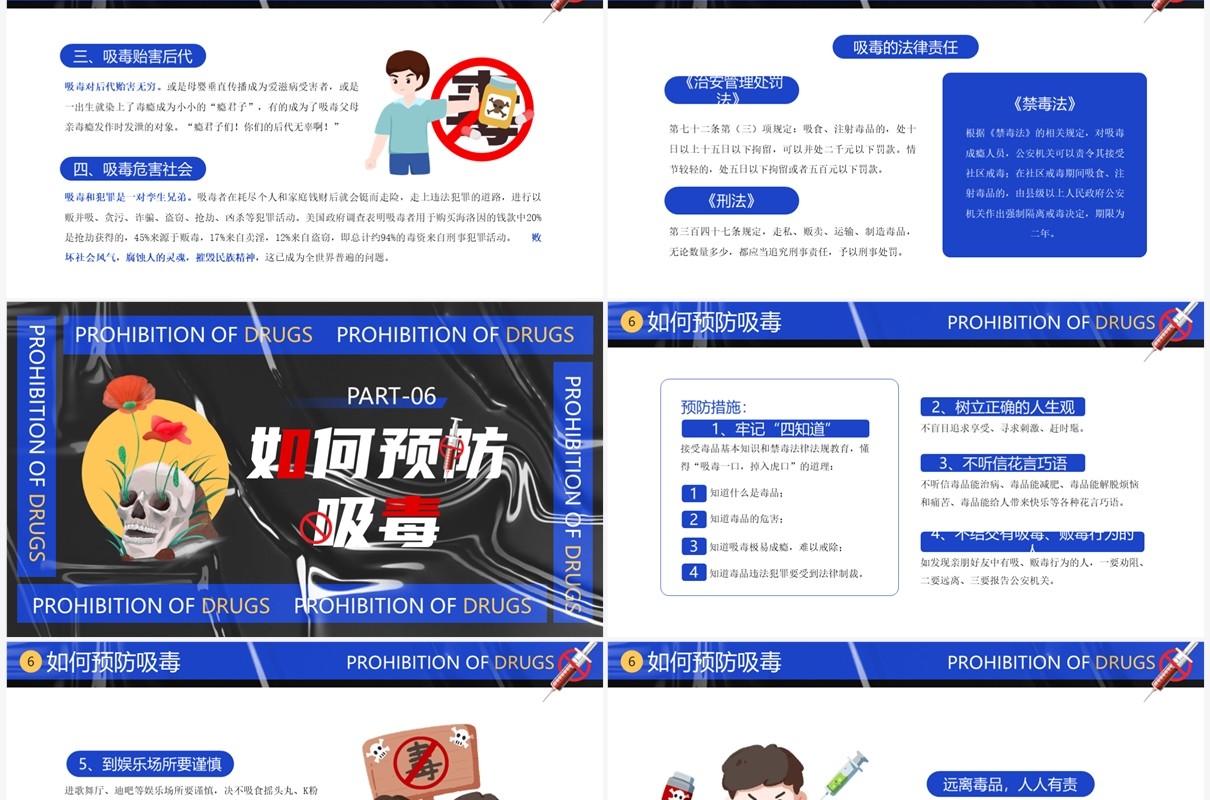蓝色卡通风国际禁毒日PPT模板