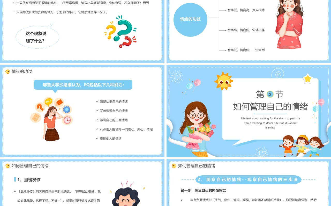 蓝色卡通幼儿园教师情绪管理培训PPT模板