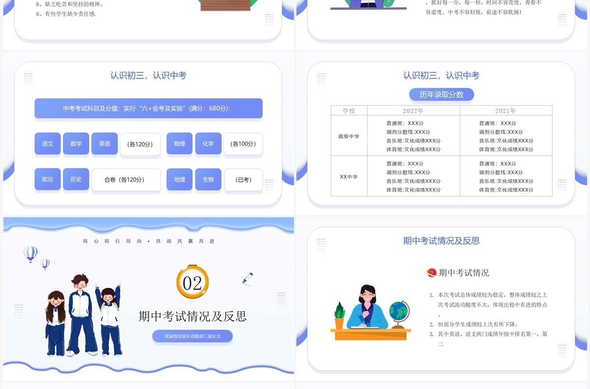 蓝色卡通风初三期中考试家长会PPT模板