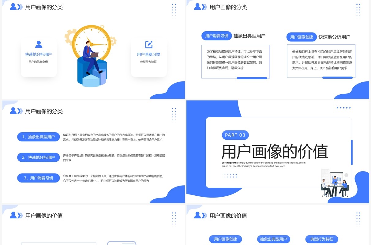 蓝色插画风用户画像总结汇报PPT模板