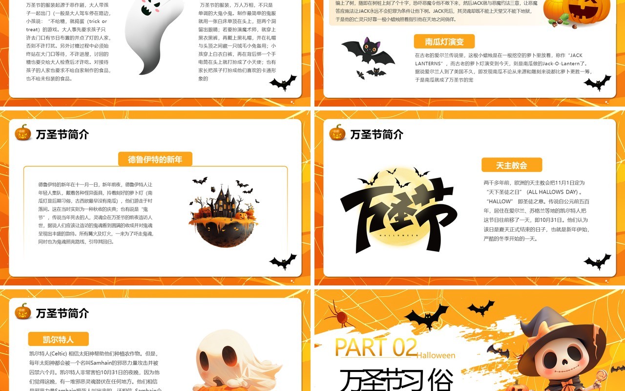 橙色卡通风万圣节节日介绍PPT模板