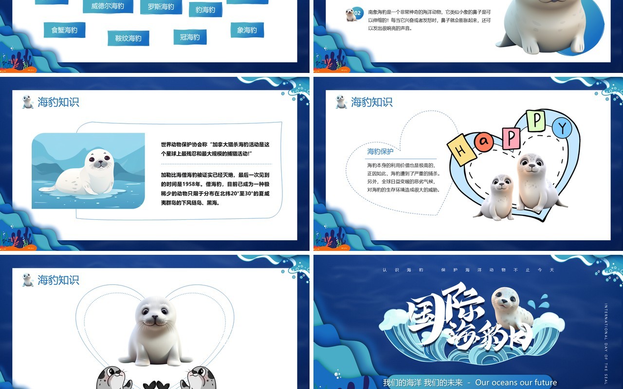蓝色卡通风国际海豹日介绍PPT模板