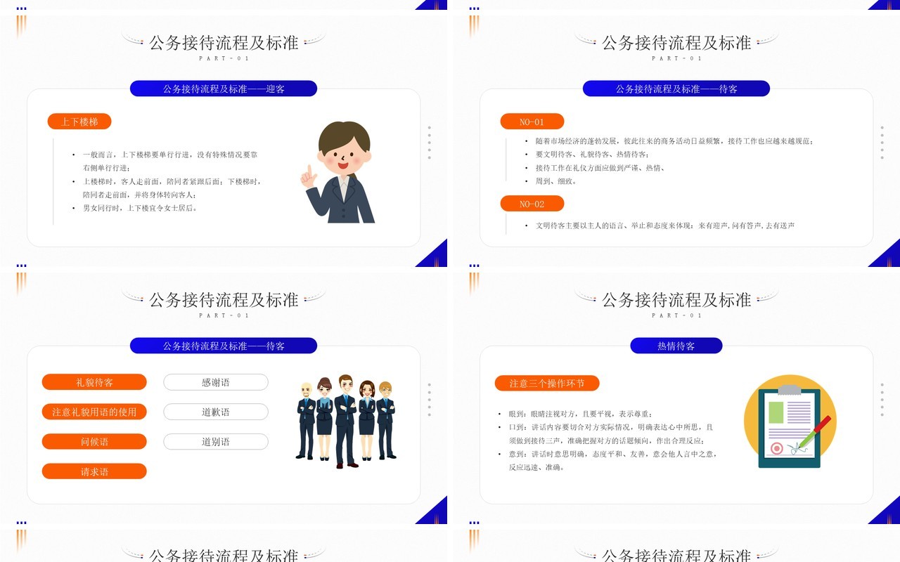 橙蓝简约风公司接待标准及办会流程PPT模板