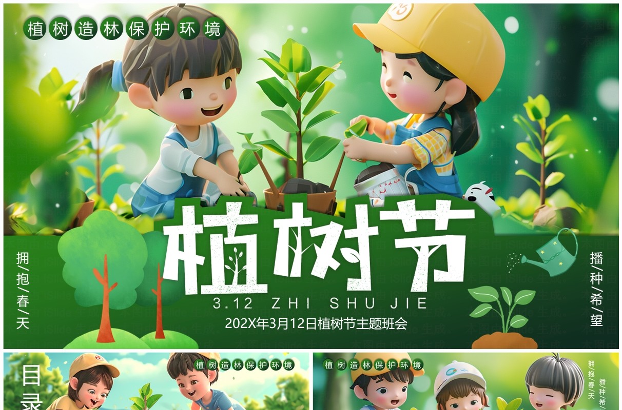 绿色卡通风植树节活动介绍PPT模板