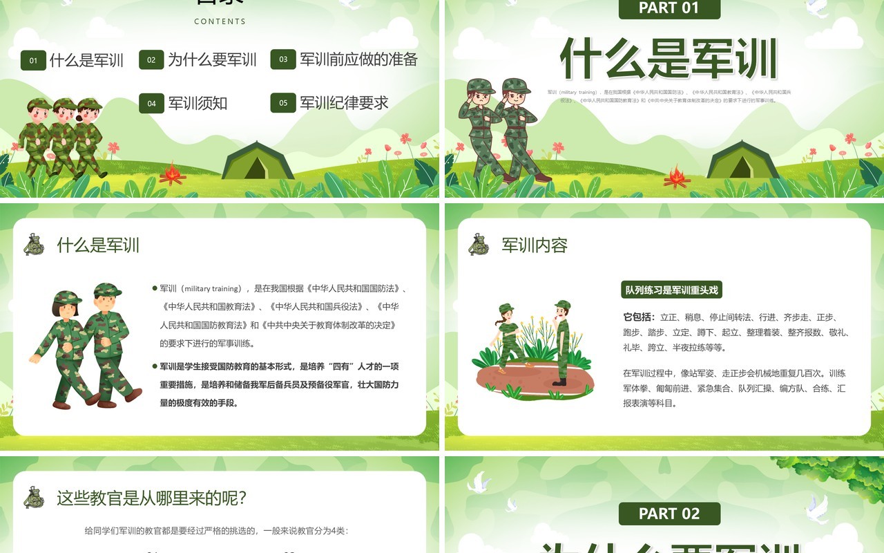绿色卡通风迷彩青春在此启程PPT模板