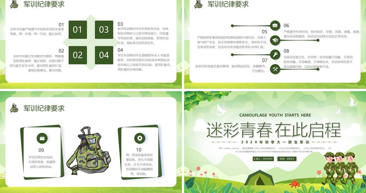 绿色卡通风迷彩青春在此启程PPT模板