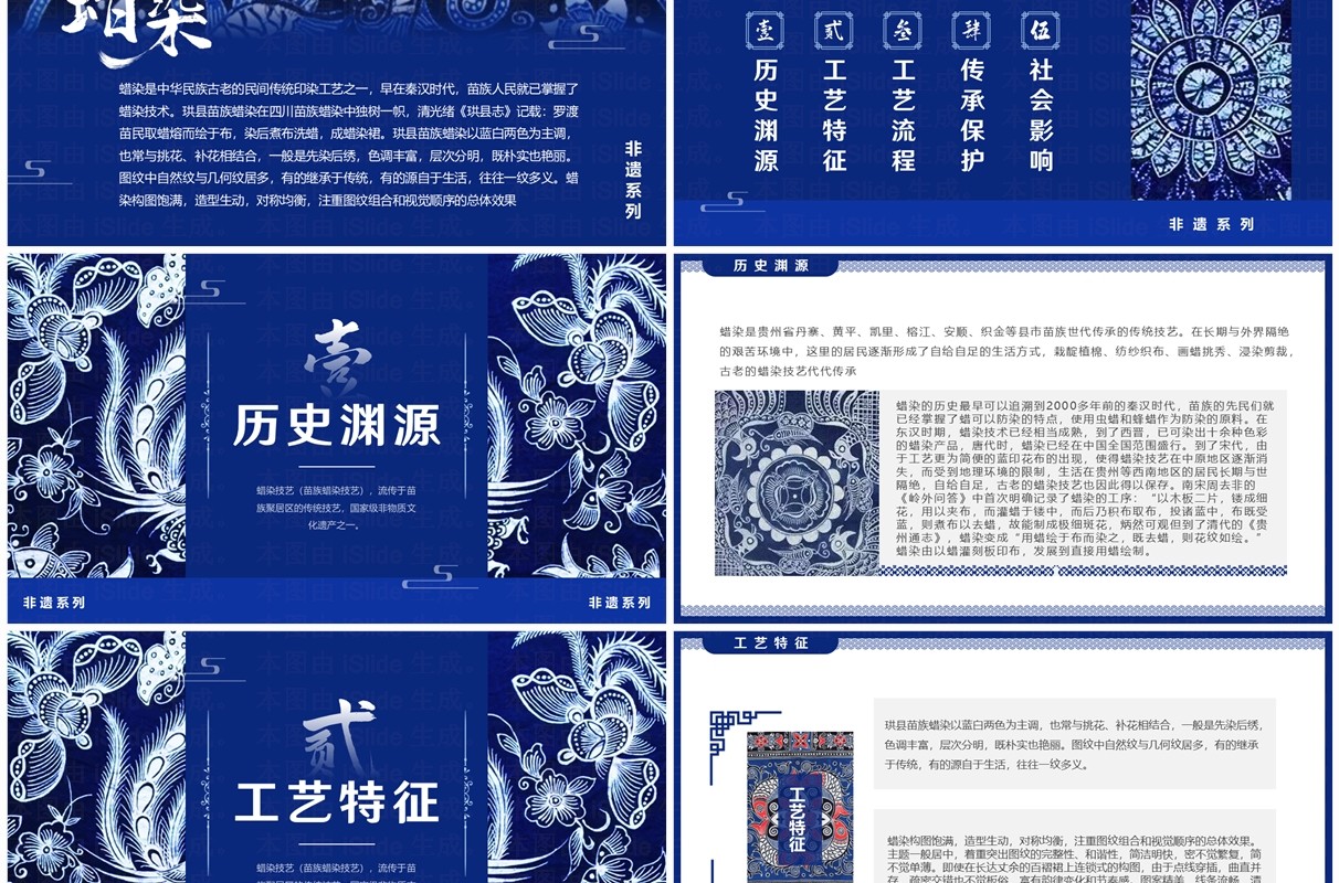 蓝色中国风非遗系列之苗族蜡染PPT模板