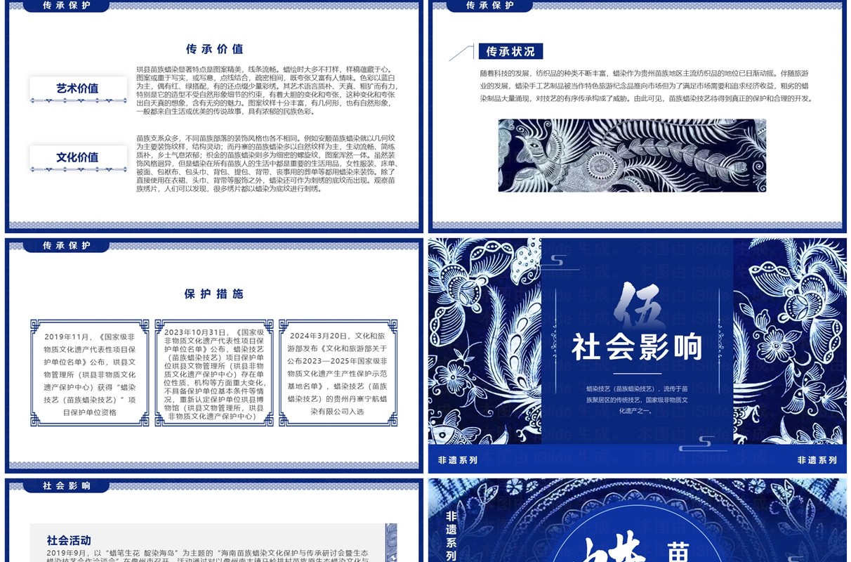 蓝色中国风非遗系列之苗族蜡染PPT模板