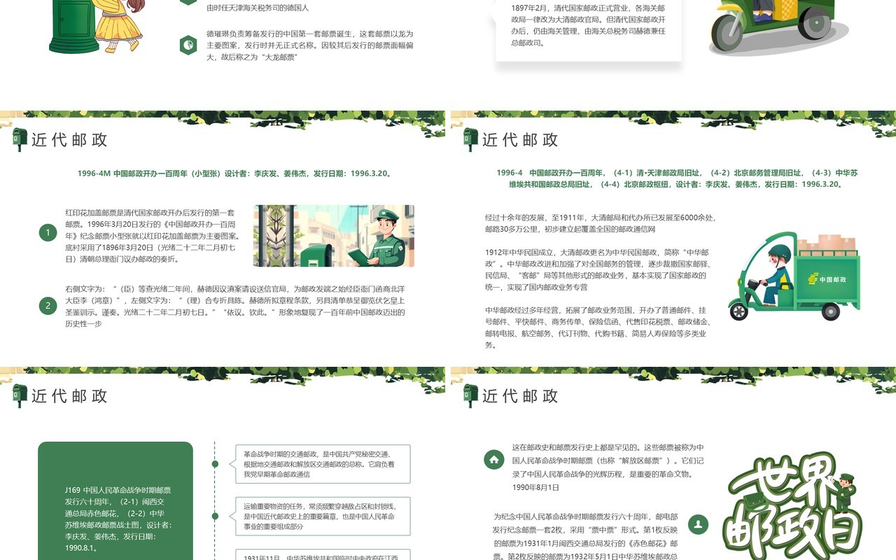 绿色插画风世界邮政日PPT模板