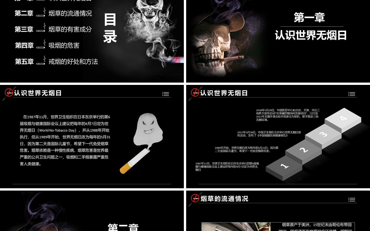 黑色世界无烟日公益宣传活动PPT模板