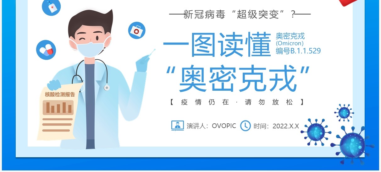 蓝色卡通新冠突变奥密克戎病毒知识讲解PPT模板