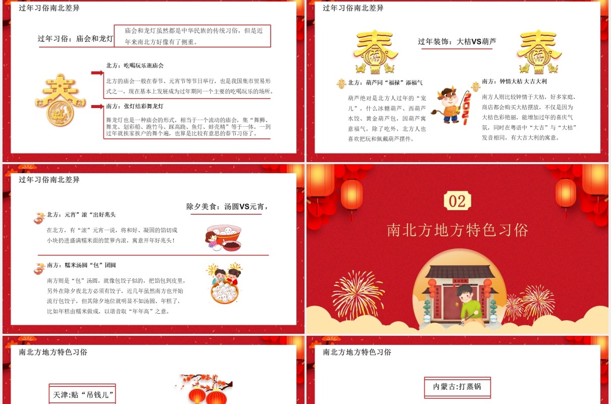 红色卡通风南北方春节习俗介绍PPT模板