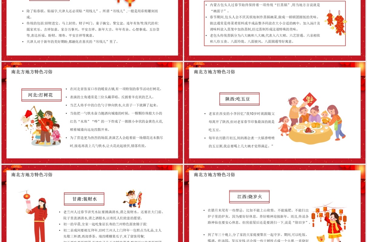 红色卡通风南北方春节习俗介绍PPT模板