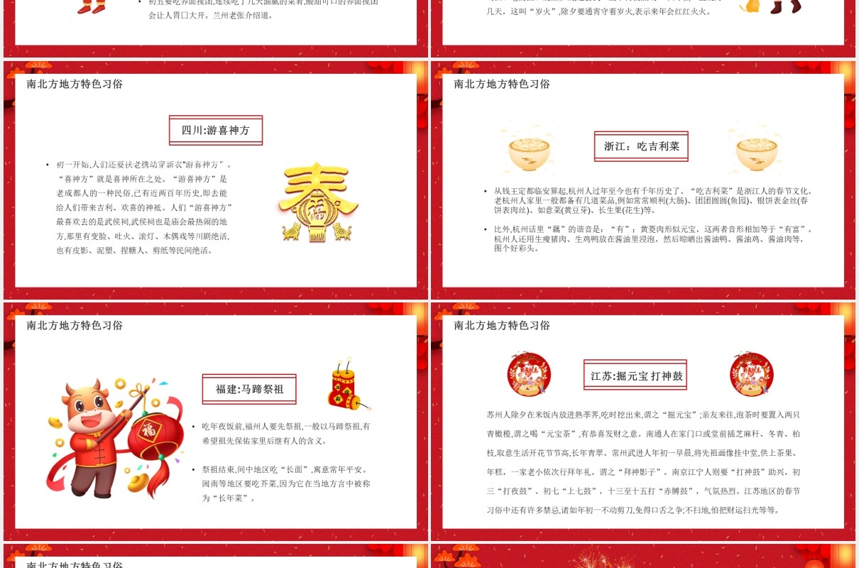红色卡通风南北方春节习俗介绍PPT模板