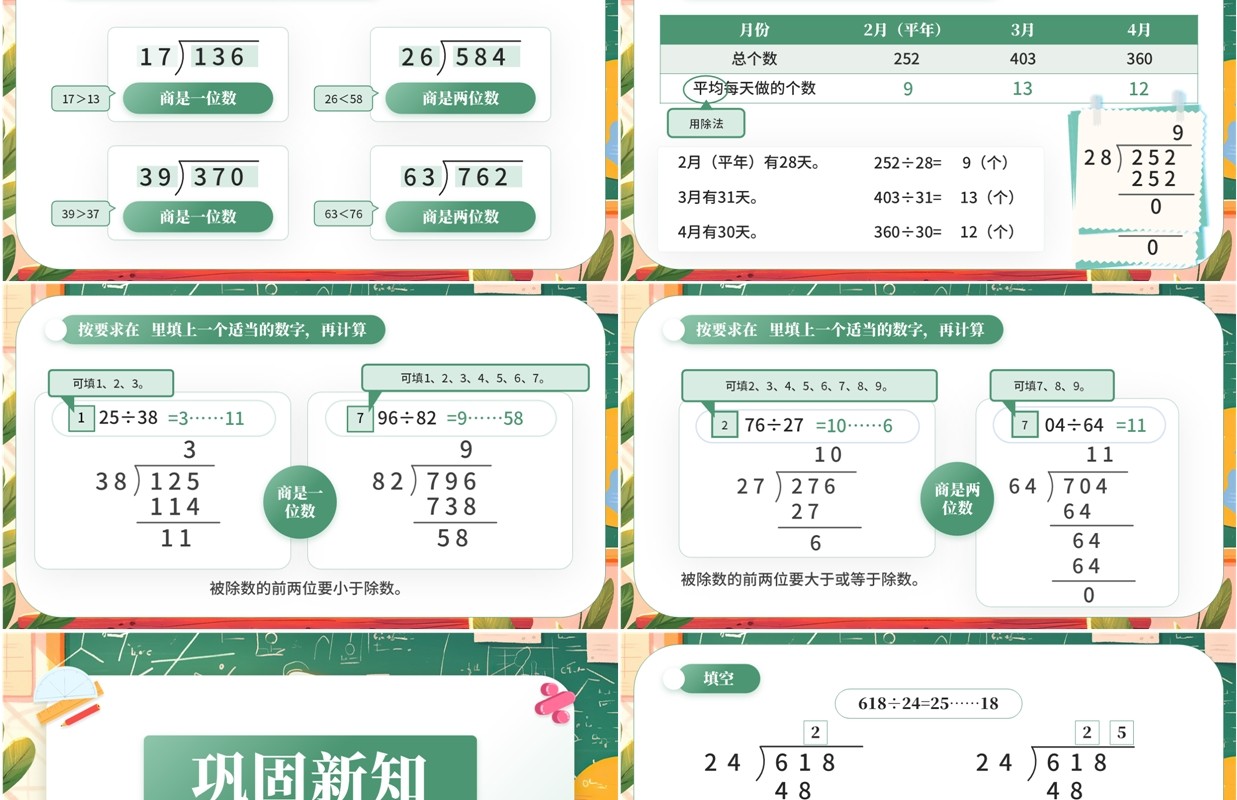 绿色卡通风除数是两位数的除法PPT模板
