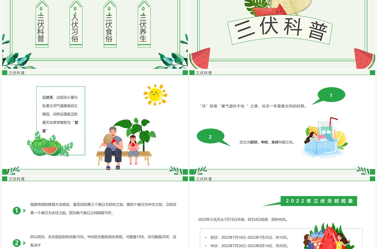 绿色卡通风三伏天科普介绍PPT模板
