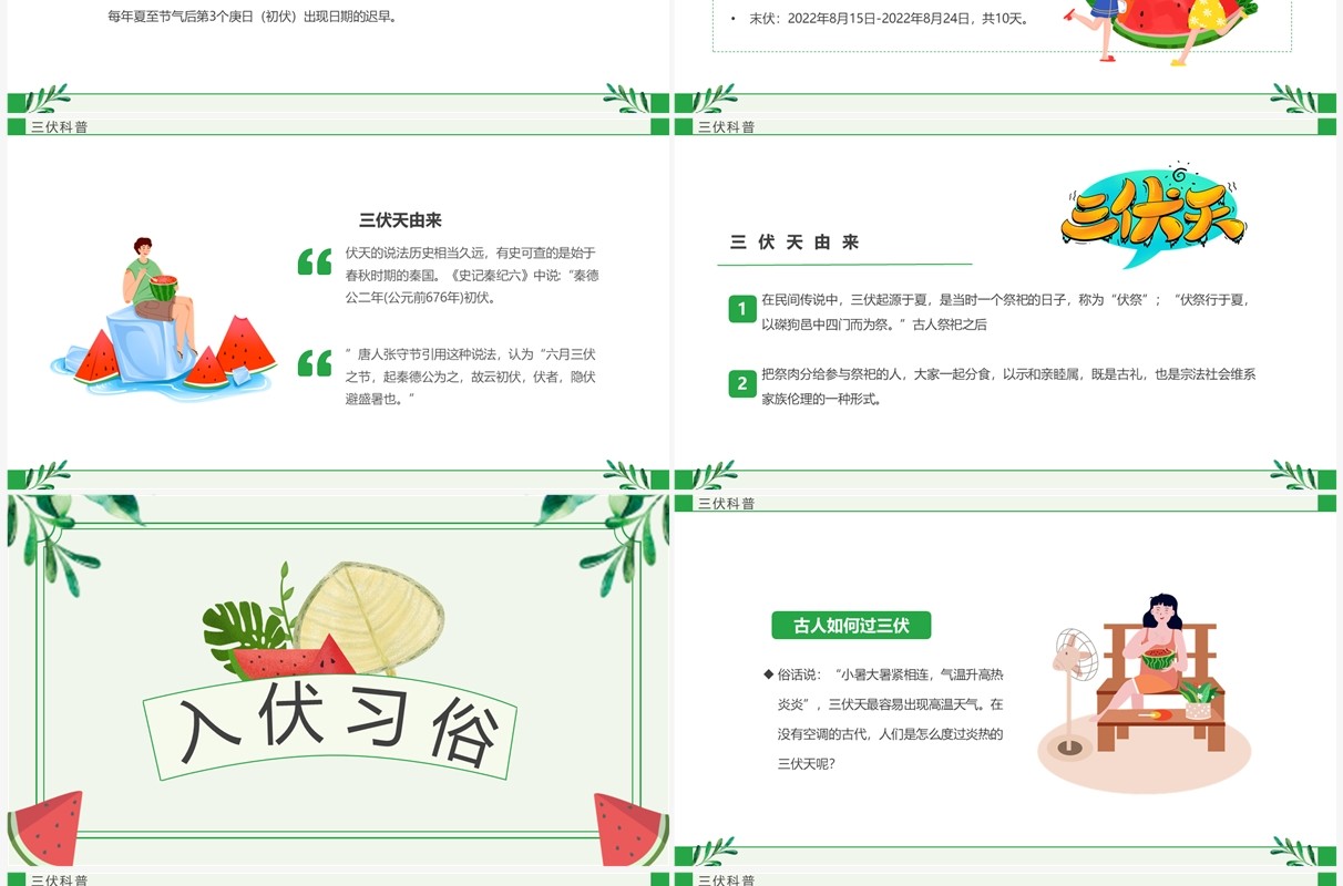 绿色卡通风三伏天科普介绍PPT模板