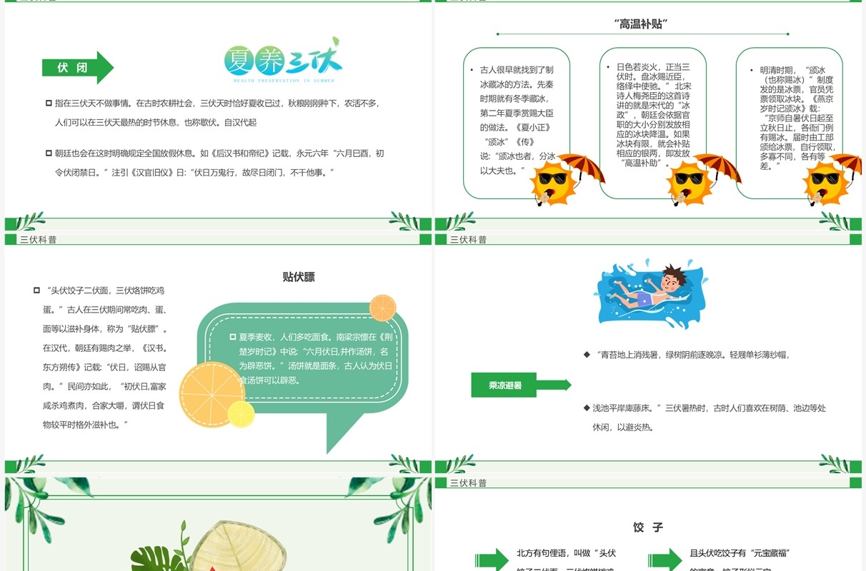 绿色卡通风三伏天科普介绍PPT模板