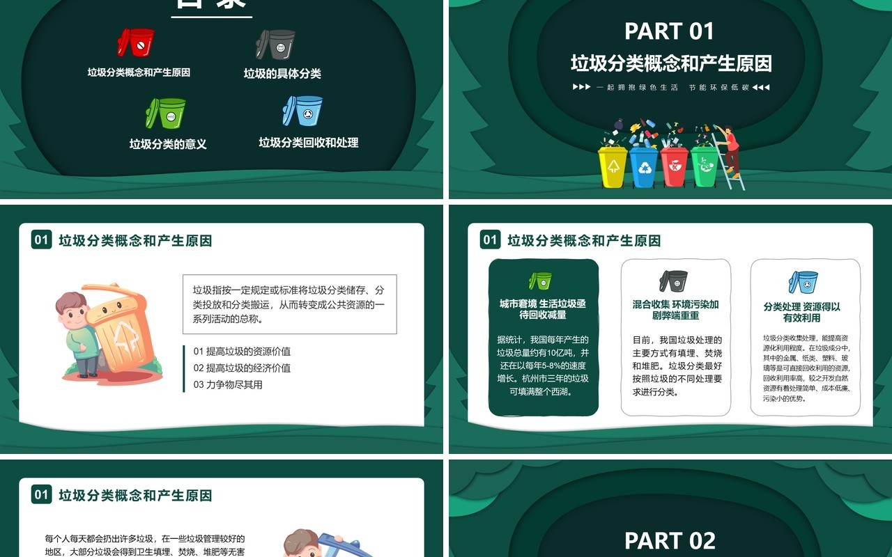 剪纸风绿色垃圾分类全民行动环保低碳爱护环境课件PPT模板