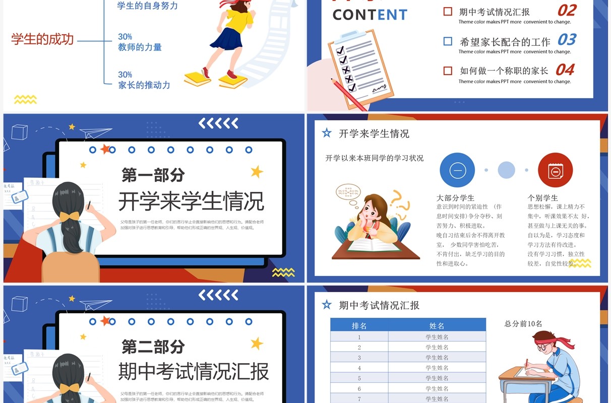 蓝色卡通风期中考试成绩分析家长会PPT模板
