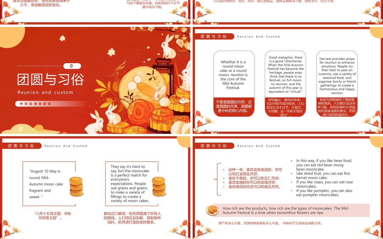 红色插画风中秋最美是团圆中秋节英文介绍PPT模板
