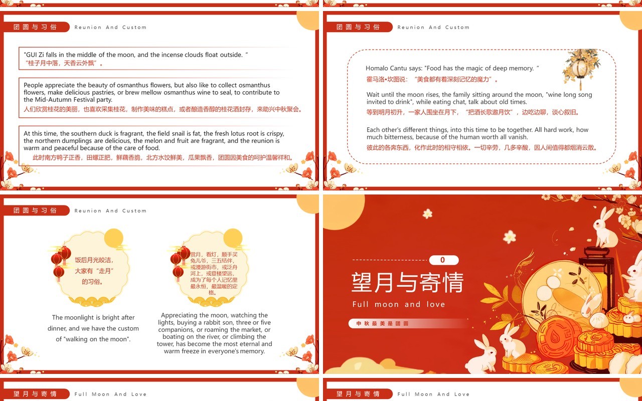 红色插画风中秋最美是团圆中秋节英文介绍PPT模板