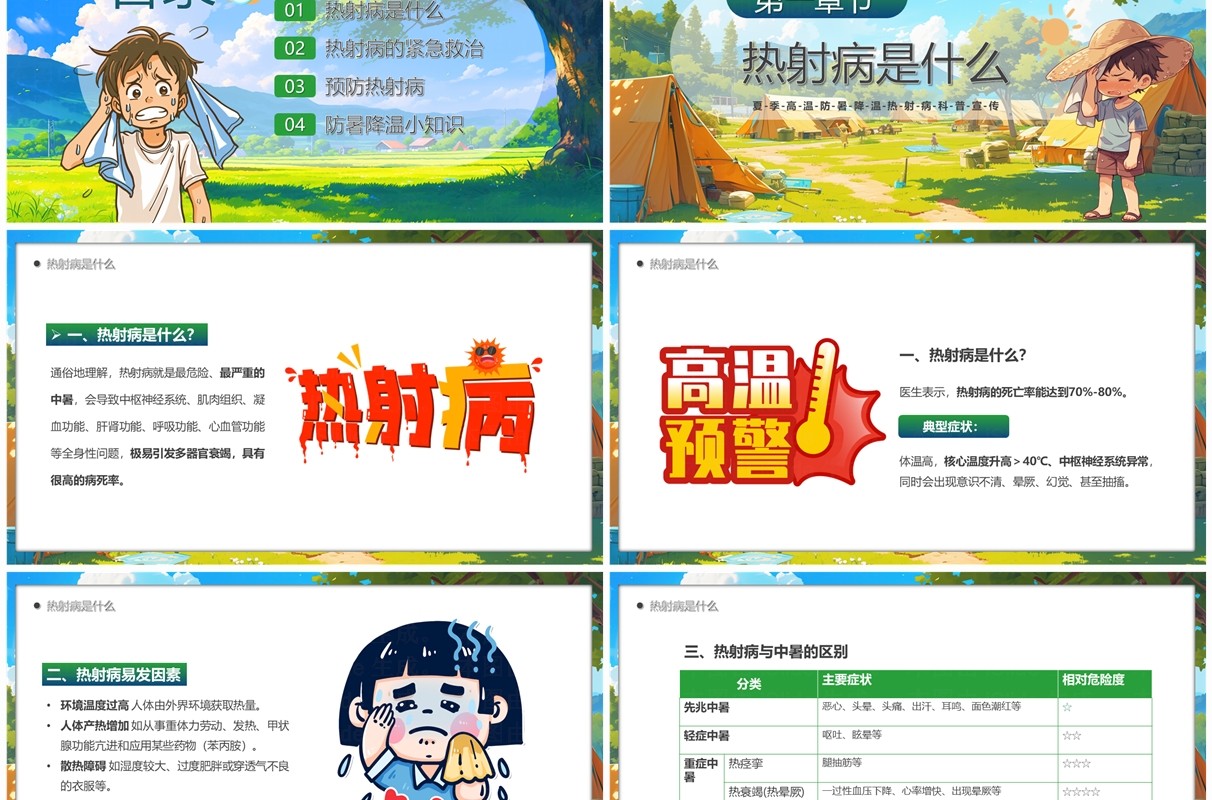 绿色插画风高温天警惕热射病PPT模板