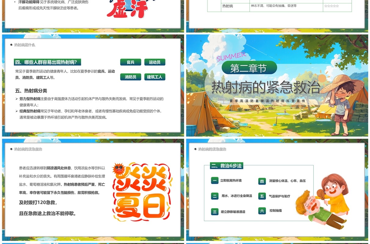 绿色插画风高温天警惕热射病PPT模板