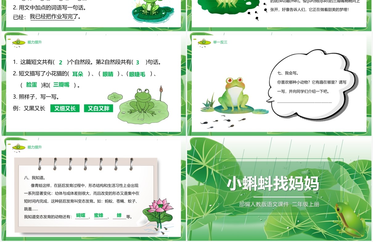 绿色部编版二年级语文上册小蝌蚪找妈妈课件PPT模板